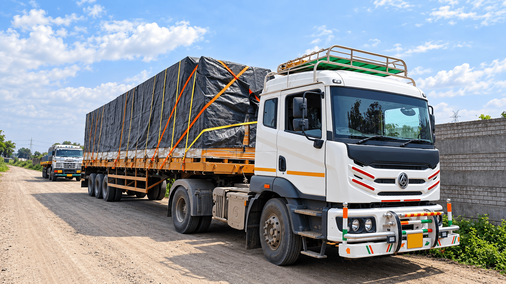 A white tractor unit hauling a tarpaulin-covered flatbed load along an unmade approach road.