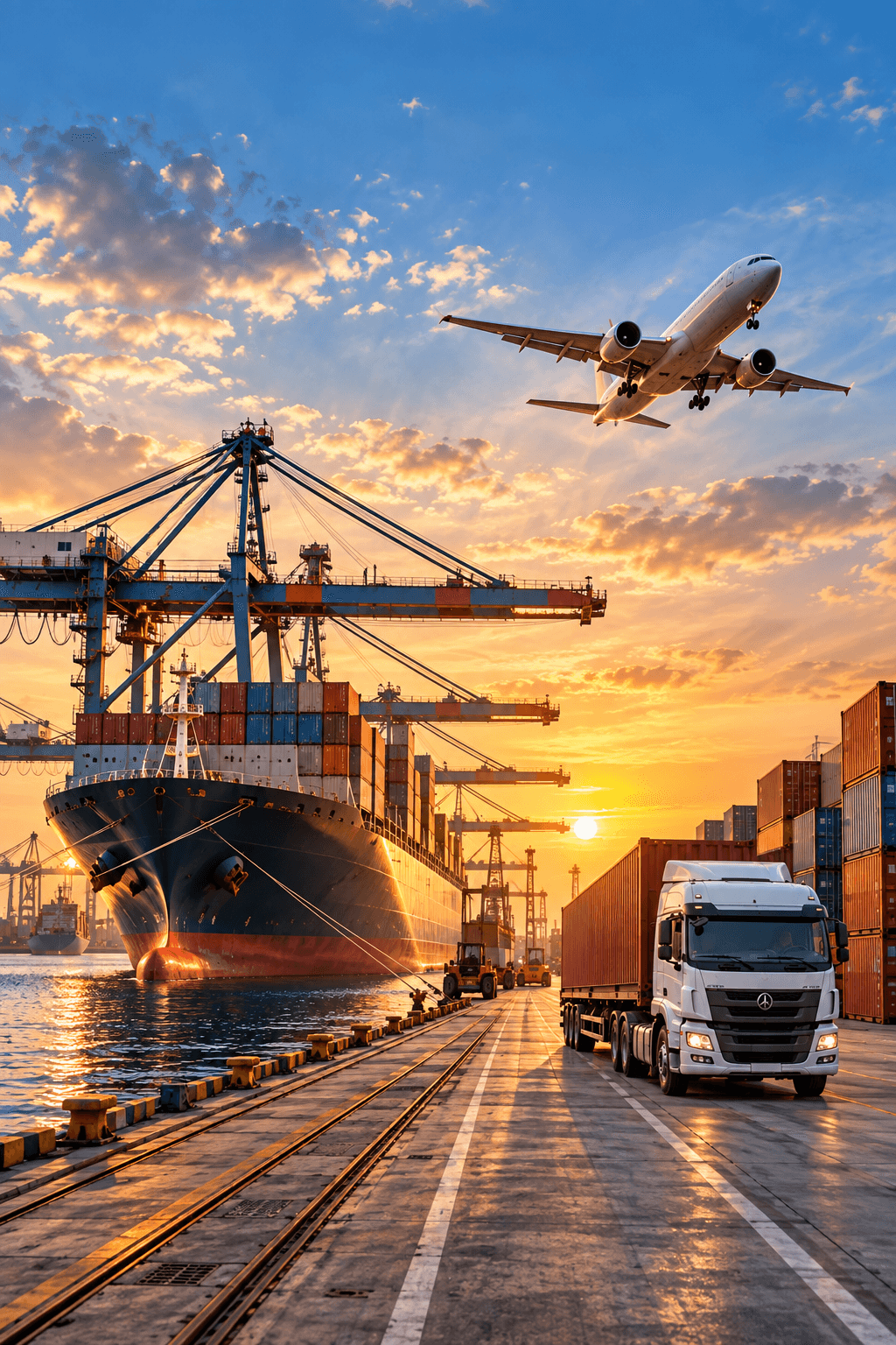 A container ship under gantry cranes at a port terminal at sunset, with a freight aircraft overhead and a container truck on the quay.