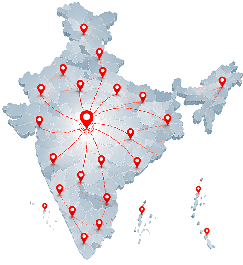 Illustrative map of India marking the cities and industrial hubs served, with road corridors radiating from a central hub.