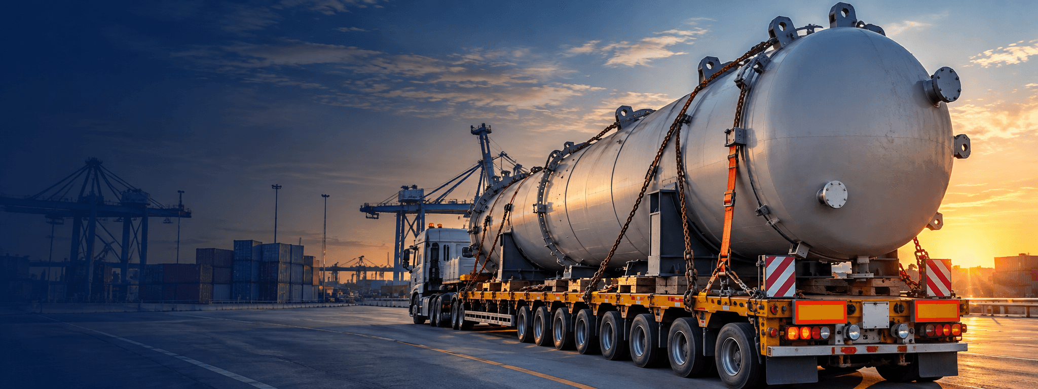 A pressure vessel chained to a multi-axle low-bed trailer on a port apron at dusk, with container cranes and stacks behind it.