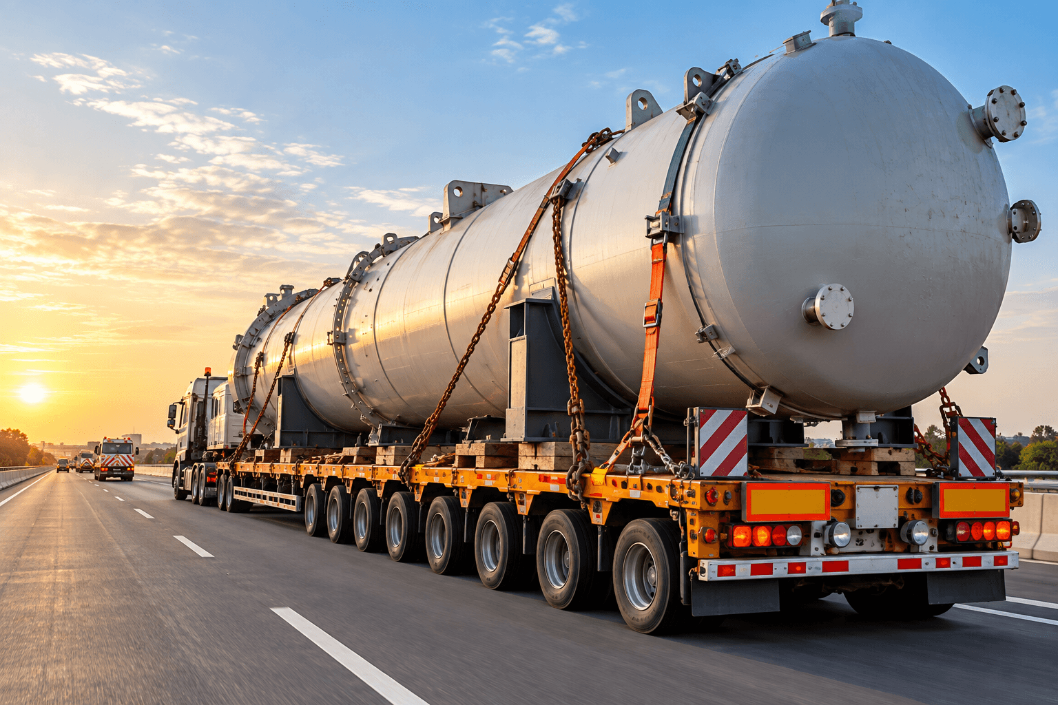 A pressure vessel chained to a multi-axle low-bed trailer on a highway at sunrise, with an escort vehicle ahead.