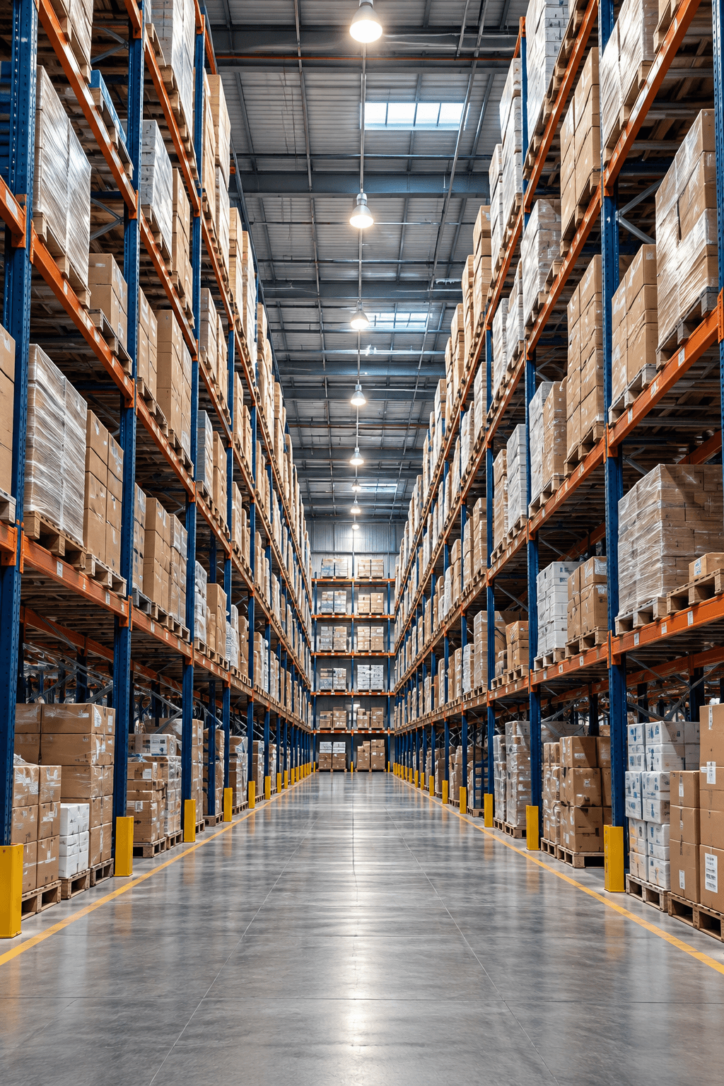 A warehouse aisle running between tall pallet racks stacked with shrink-wrapped cartons.